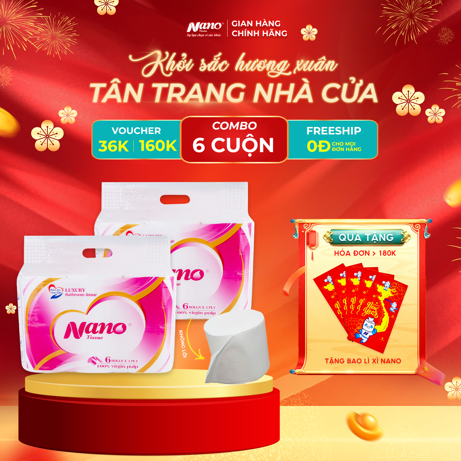 Giấy vệ sinh Nano không lõi 6 cuộn